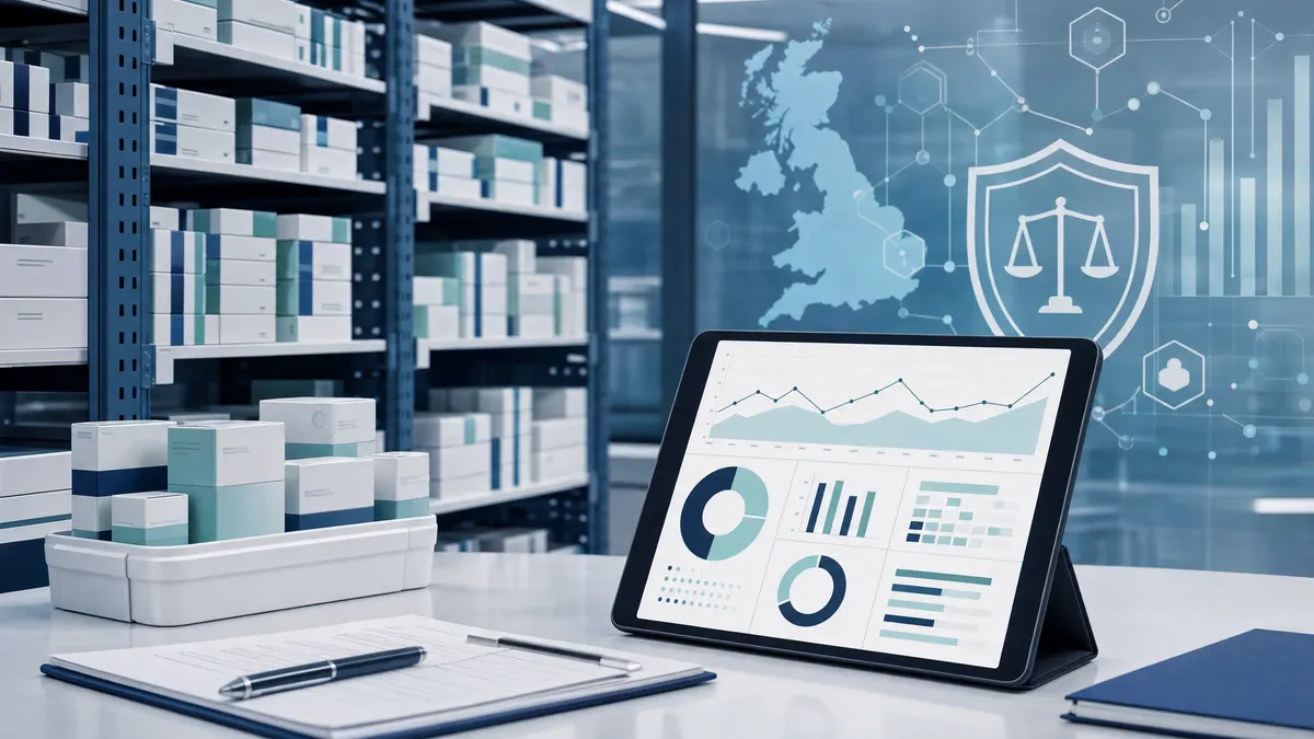 AI-enabled pharmaceutical logistics dashboard in a regulated warehouse
