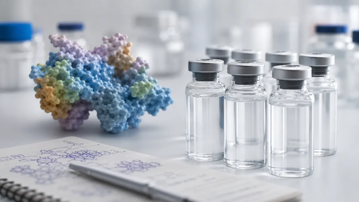 Biosimilar medicines concept with molecular model and sterile vials