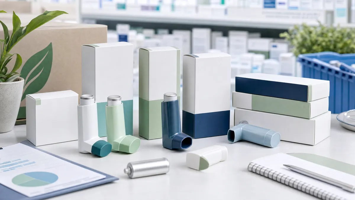 Unbranded inhalers and medicine packs arranged for sustainability planning