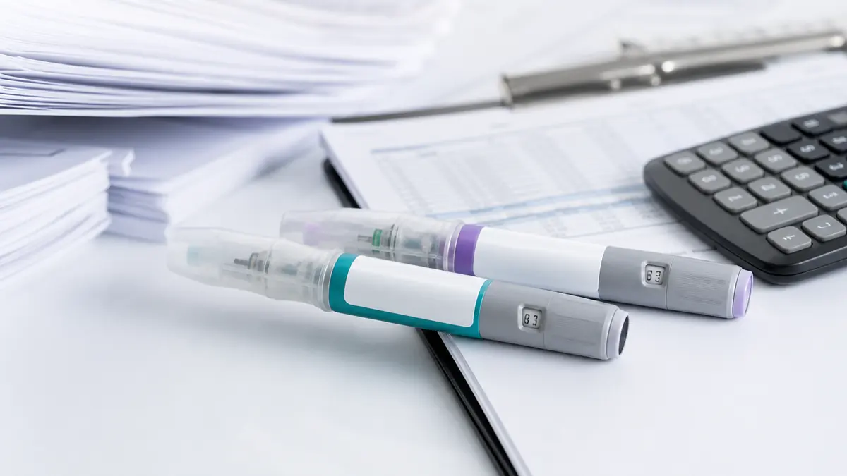 Pharmacy pricing review with unbranded medicine pens and documents