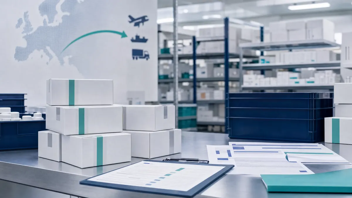 Regulated pharmaceutical export cartons with compliance documents