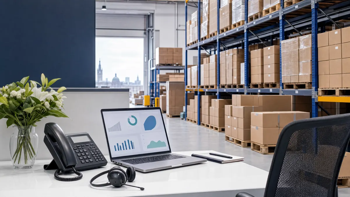 Pharmaceutical support desk with phone, laptop and warehouse shelving in the background
