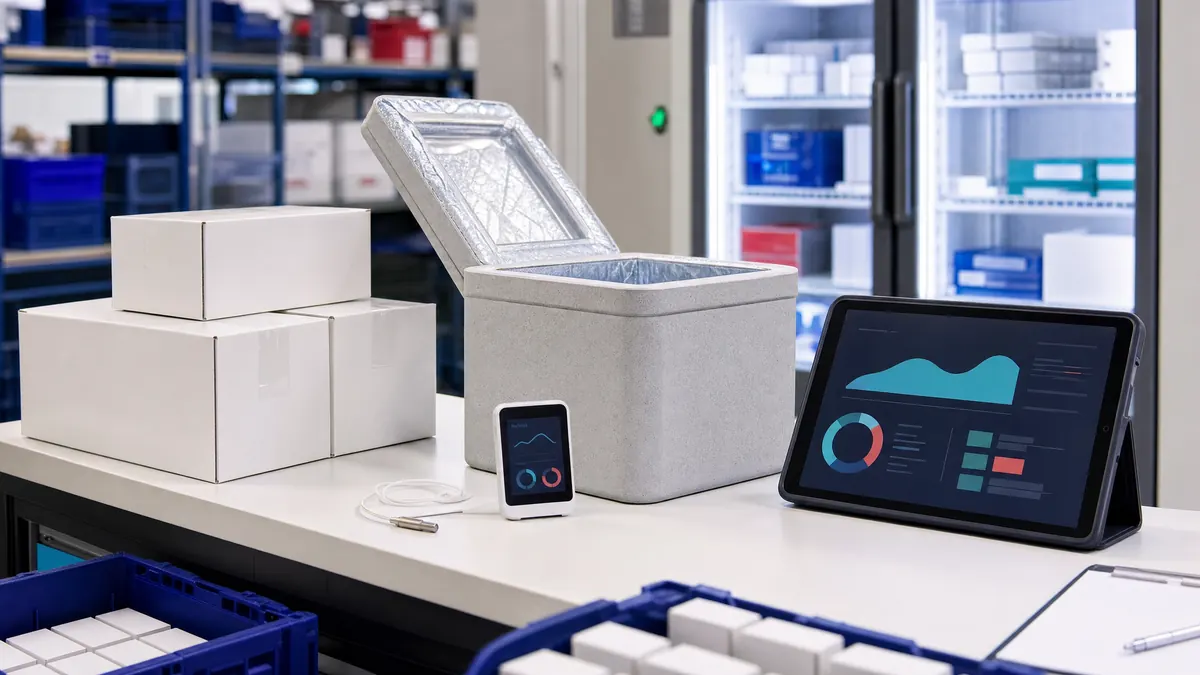 Cold-chain pharmaceutical packing bench with unbranded cartons and temperature monitoring
