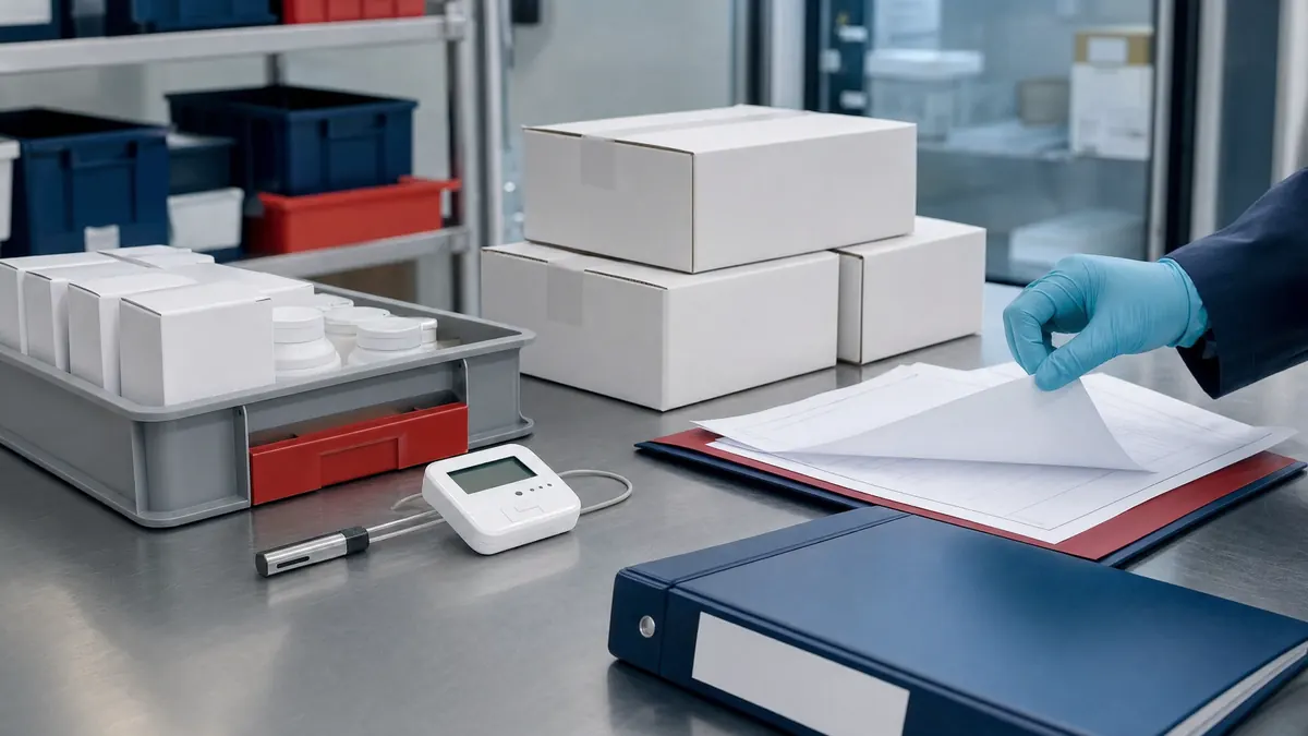 Pharmaceutical quality assurance bench with temperature logger and unbranded sealed cartons