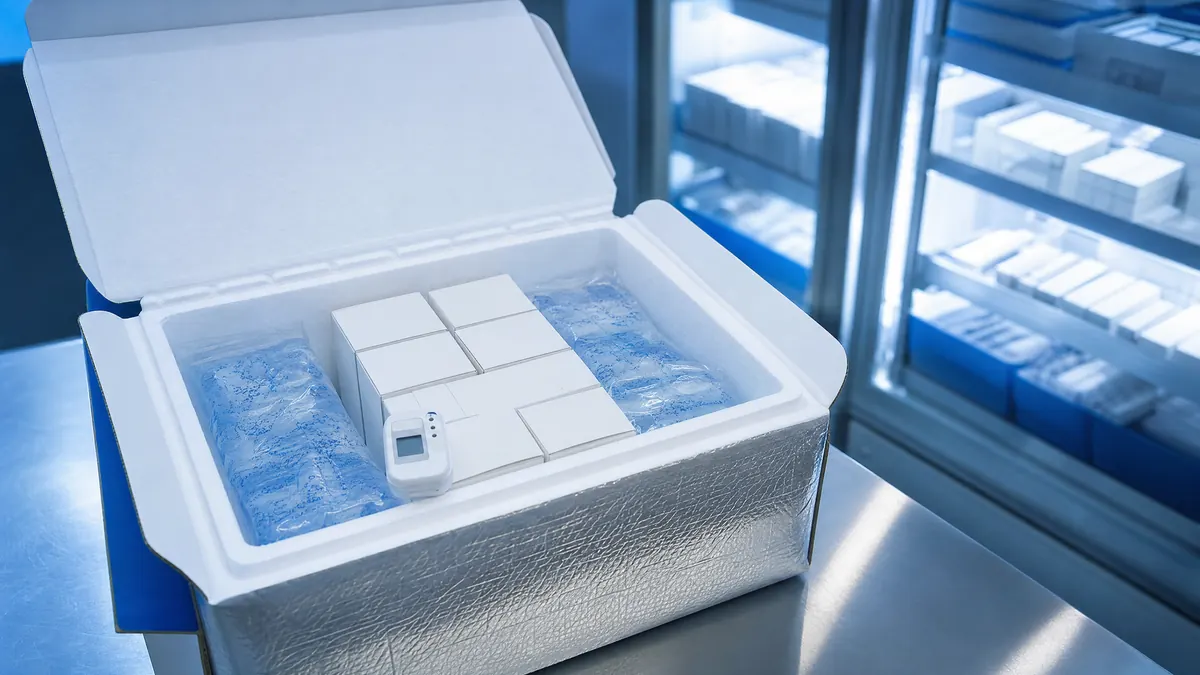 Cold-chain logistics shipper with gel packs and sealed unbranded medicine cartons