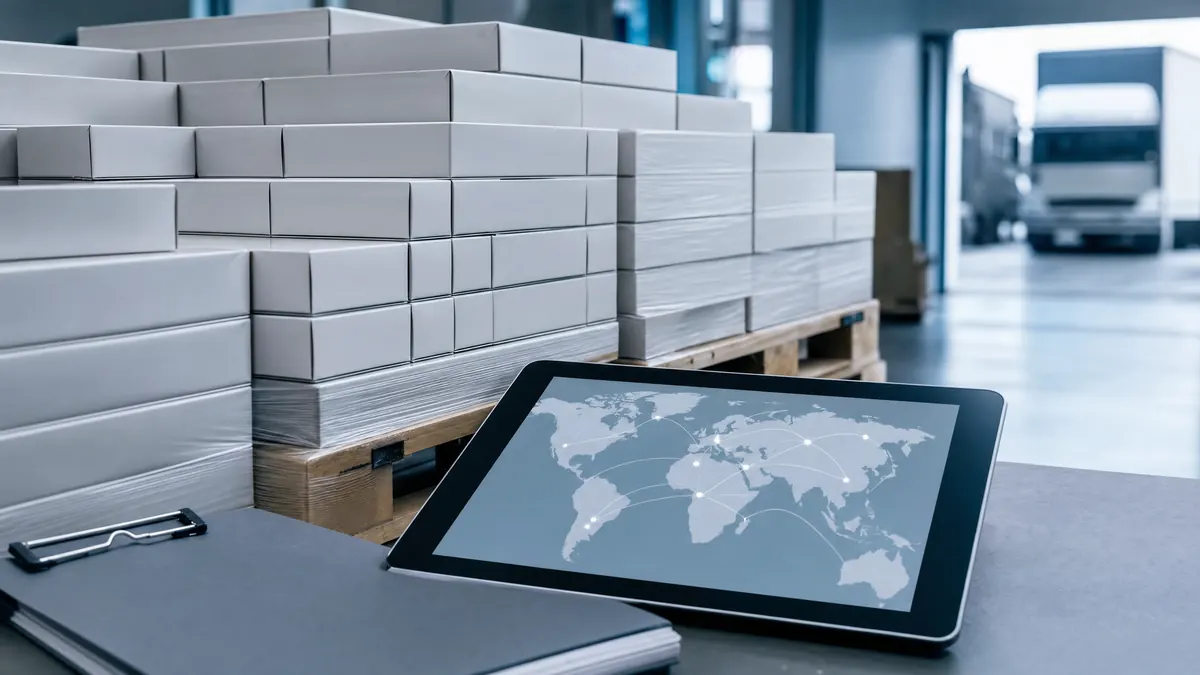 Sealed pharmaceutical export cartons staged beside a tablet route planning display