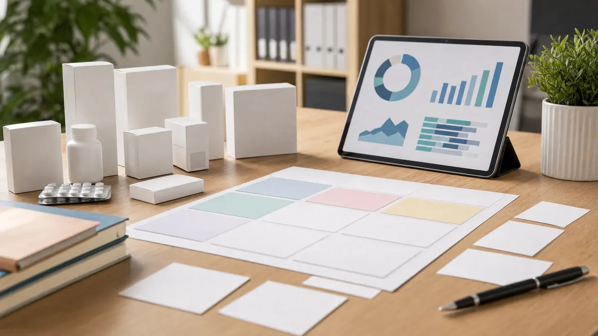 Pharmaceutical portfolio planning desk with unbranded packages and abstract analytics