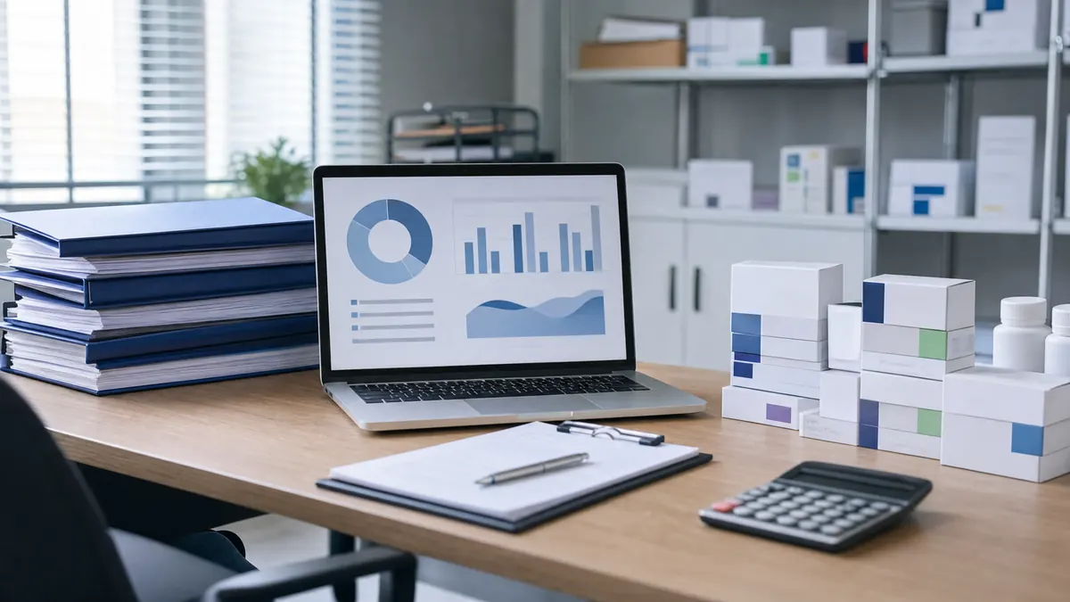 Pharmaceutical procurement desk with abstract analytics, folders and unbranded cartons