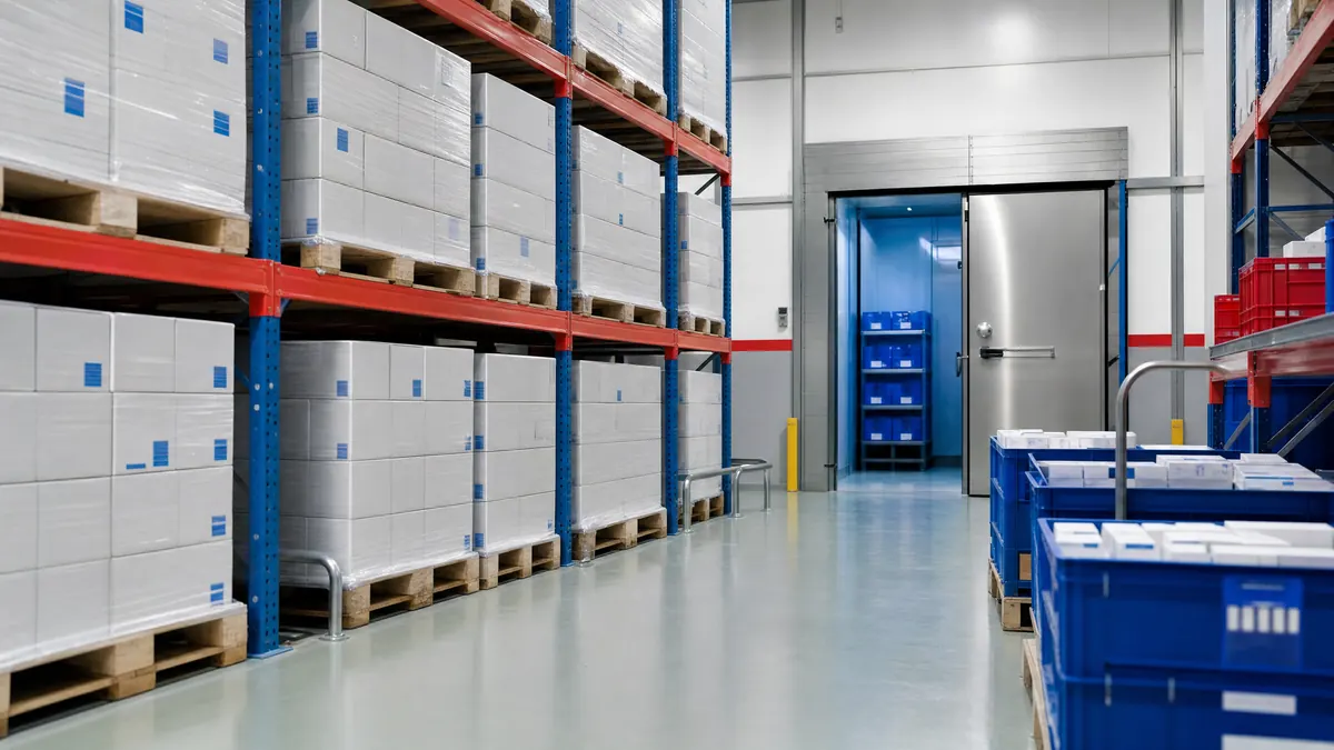 Secure pharmaceutical warehouse aisle with pallet racks, blue crates and sealed cartons