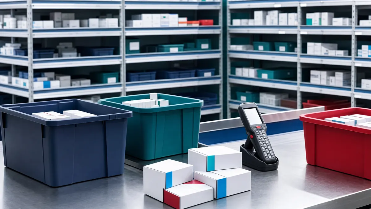Wholesale pharmaceutical pick-and-pack bench with unbranded cartons and tote bins